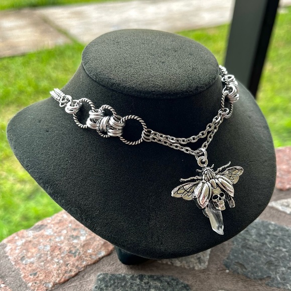 Handmade maille choker necklace moth crystal quartz stainless steel boho goth - Picture 5 of 11